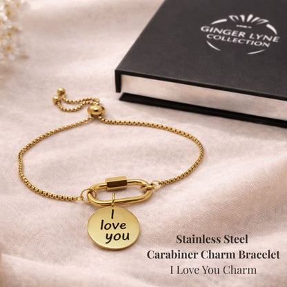 CarabinerCharmBraceletwithILoveYouCharmbyGingerLyneAdjustableStainlessSteelChain_GoldTone-2