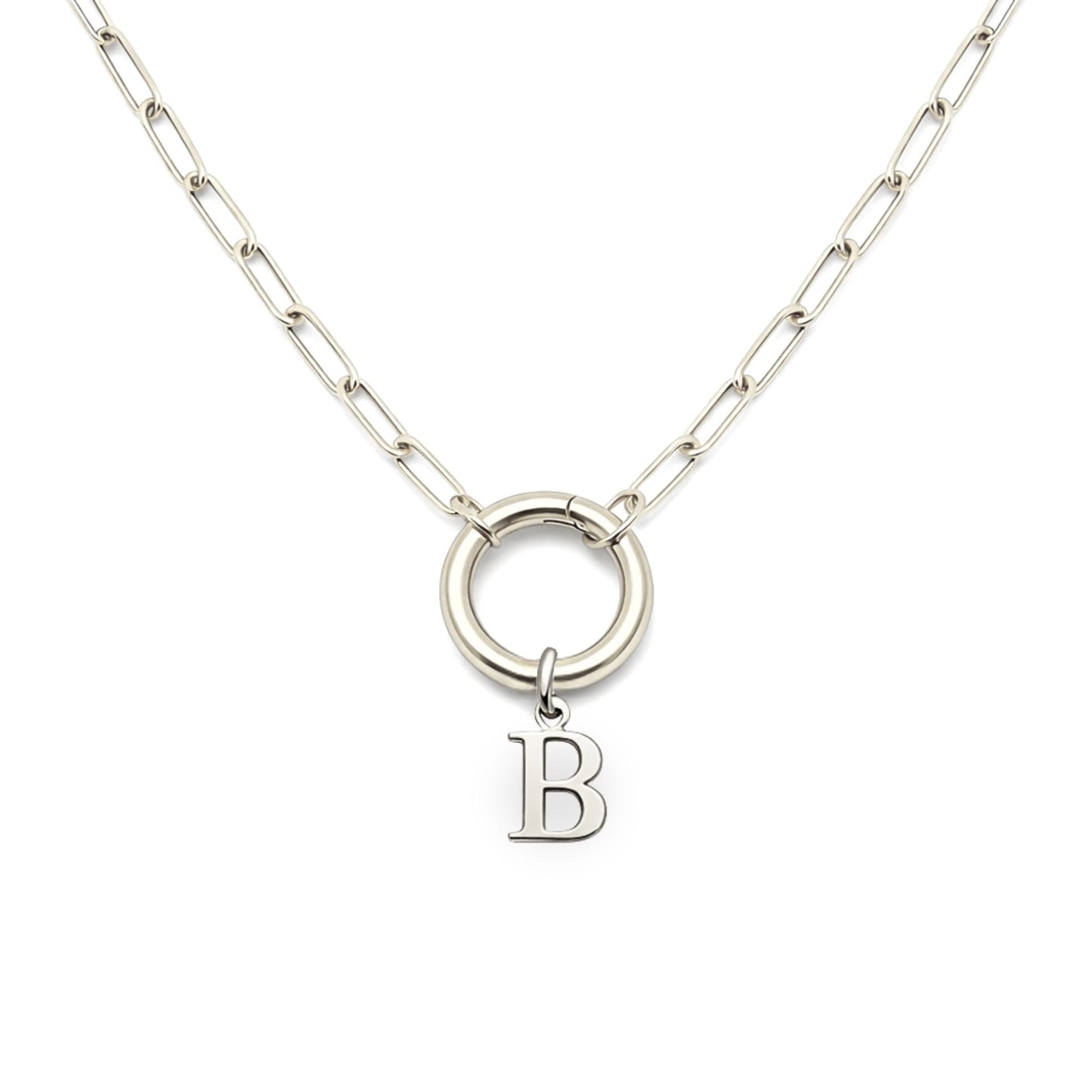 PaperclipLinkCircleCarabinerIntialLetterCharmHolderNecklaceforWomenStainlessSteel20"GingerLyne_Silver-B-1