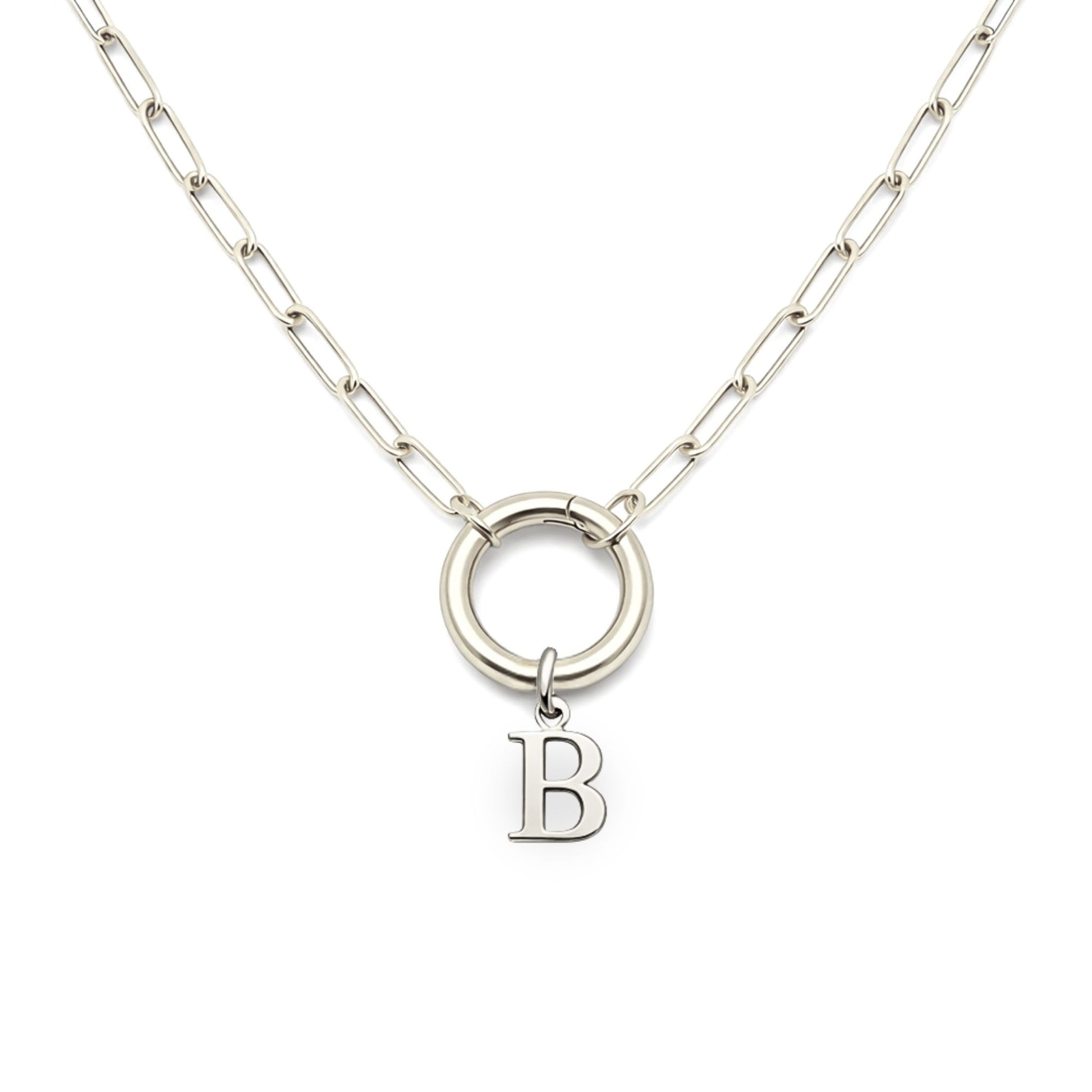 PaperclipLinkCircleCarabinerIntialLetterCharmHolderNecklaceforWomenStainlessSteel20"GingerLyne_Silver-B-1