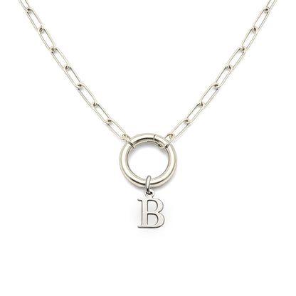 PaperclipLinkCircleCarabinerIntialLetterCharmHolderNecklaceforWomenStainlessSteel20"GingerLyne_Silver-B-1