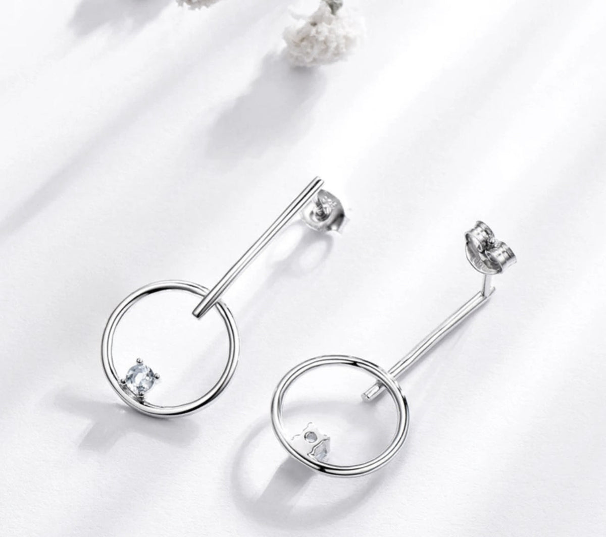 Circle Bar Drop Earrings for Women White Topaz Sterling Silver Ginger Lyne Collection - Clear