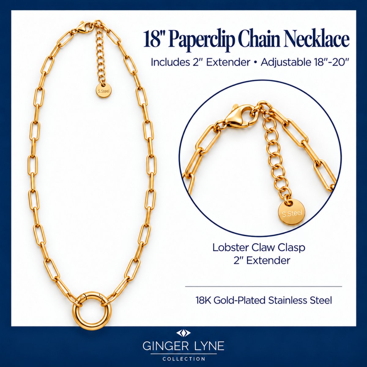 Carabiner Charm Necklace for Women Paperclip Chain Round Carabiner Holder Stainless Steel by Ginger Lyne - 14mm/Gold