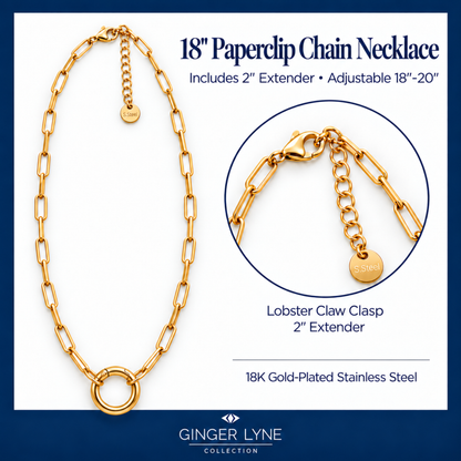 Carabiner Charm Necklace for Women Paperclip Chain Round Carabiner Holder Stainless Steel by Ginger Lyne - 14mm/Gold