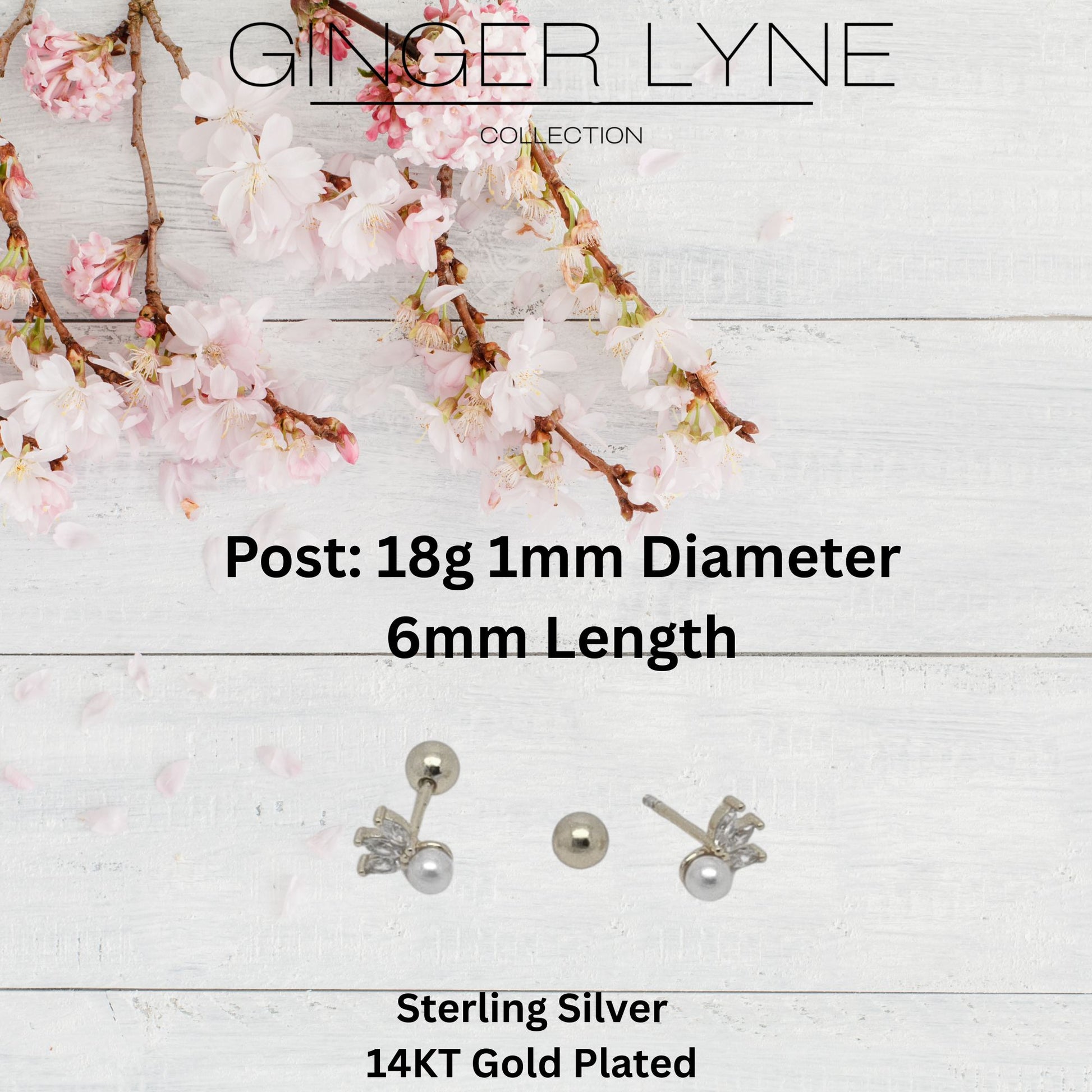 Marquise CZ Flat Back Earrings 18g for Cartilage Helix Tragus Lobe Gold Plated Sterling Silver 1 pair by Ginger Lyne - Silver