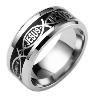 JesusFishWeddingBandforMenorWomen8mmStainlessSteelRingbyGingerLyneCollectionSize7_Black-1
