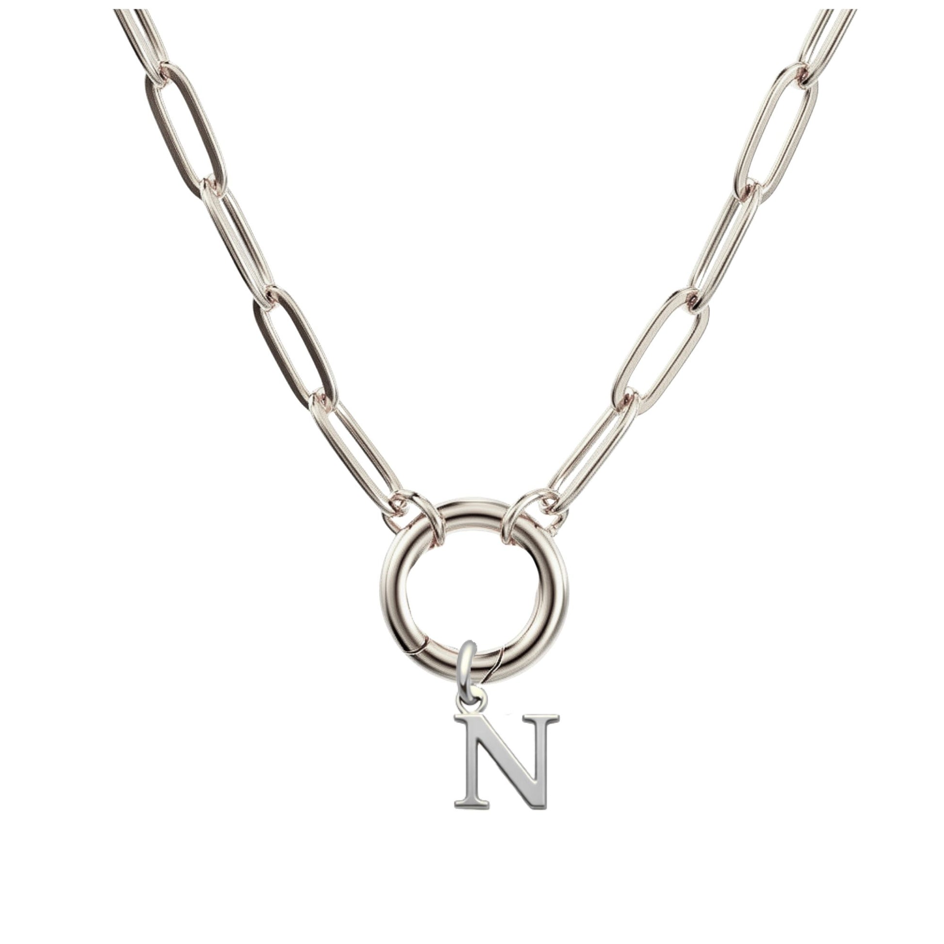 PaperclipLinkCircleCarabinerIntialLetterCharmHolderNecklaceforWomenStainlessSteel20"GingerLyne_Silver-N-1