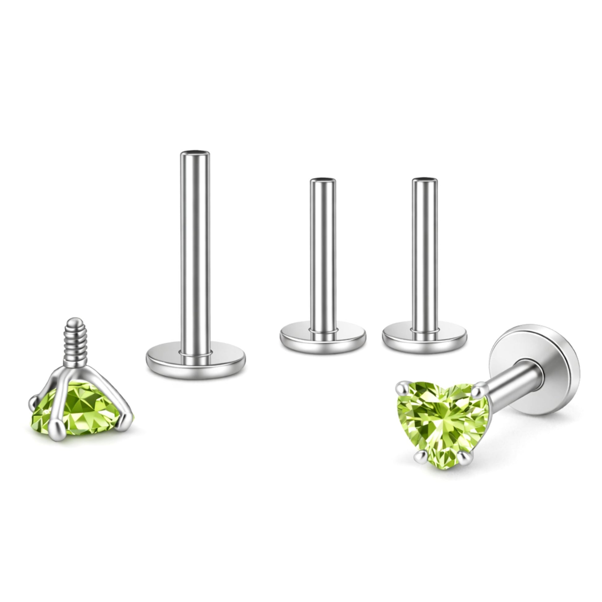 SmallHeartCZSolitaireFlatBackStudEarringsBodyPiercingsbyGingerLyne2SetsPost6mm8mmIncluded_5mm-PeridotGreen-1