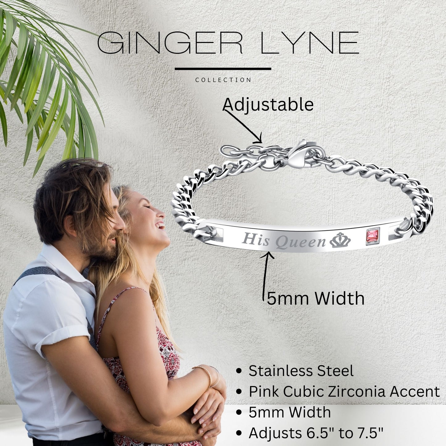 His Queen Bracelet for Women by Ginger Lyne Stainless Steel ID Style Pink CZ Adjustable to 7.5" - Womens