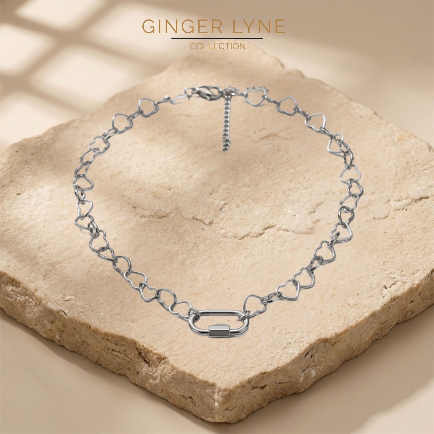 Carabiner Charm Holder Necklace for Women by Ginger Lyne Heart Chain Silver Stainless Steel 18-20"easy add Charms - Silver-Heart Chain/Rect Sq CH