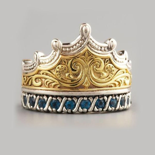 Royal Crown Blue Cz Statement Ring Two Tone Plated Men Women Ginger Lyne Collection