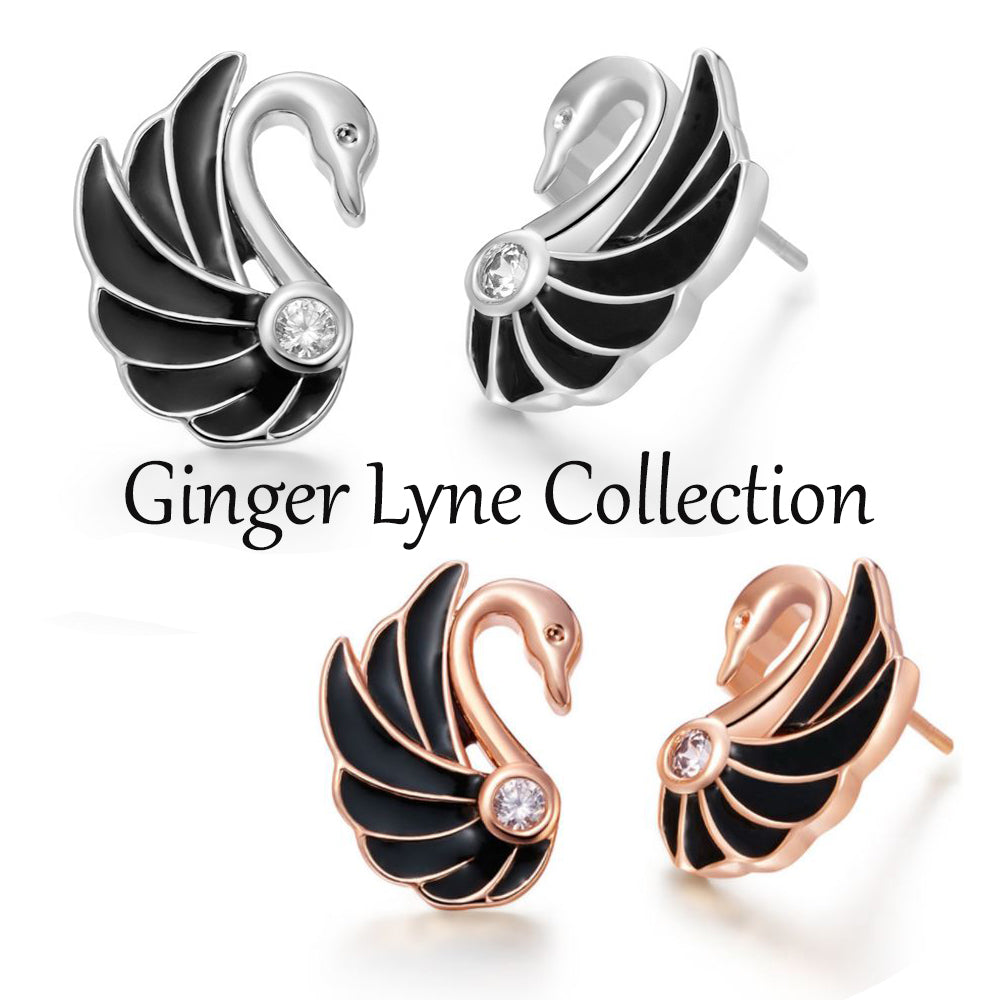 Silver Tone Swan Stud Earrings for Women with Blue Cubic Zirconia Small Bird Studs by Ginger Lyne - Silver