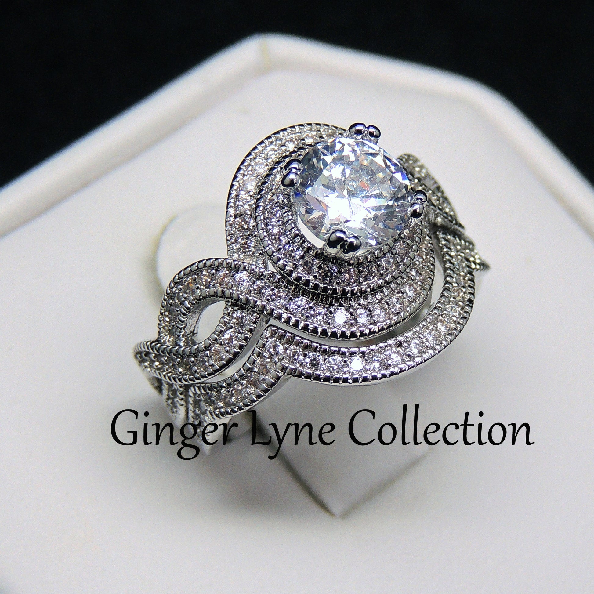 BobbiHaloPaveBridalEngagementWeddingBandRingSetGingerLyneCollection_Silver-2