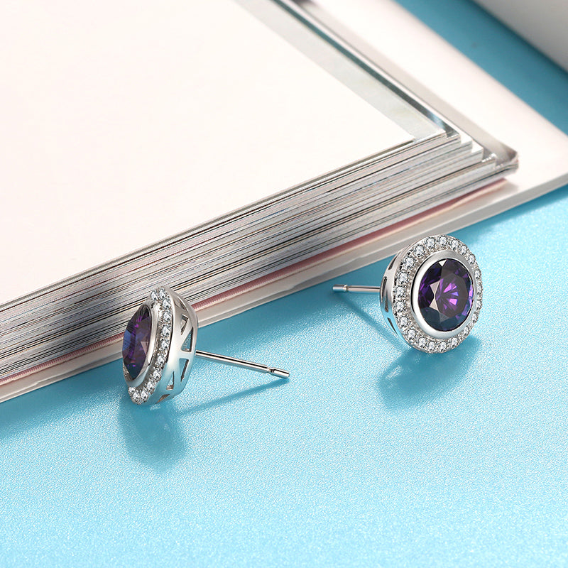 Halo 3D Stud Earringsfor Women Sterling Silver Purple Cz Ginger Lyne Collection