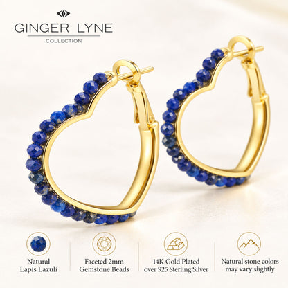Heart Hoop Earrings for Women 14K Gold Plated Sterling Silver Natural Blue Lapis Lazuli - Blue