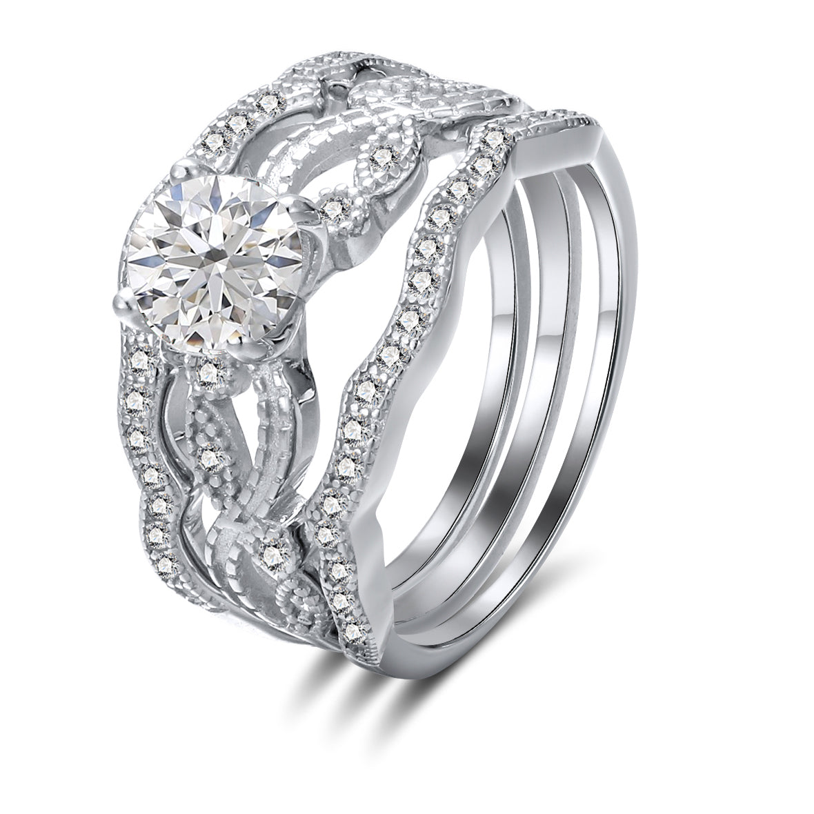 BridalSetEngagementRingTwoWeddingBandSterlingSilverBandsGingerLyneCollection_Silver-1