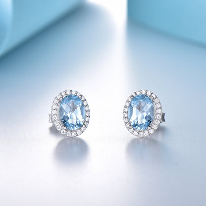 Oval Halo Stud Earrings for Women Blue Topaz Sterling Silver Ginger Lyne Collection