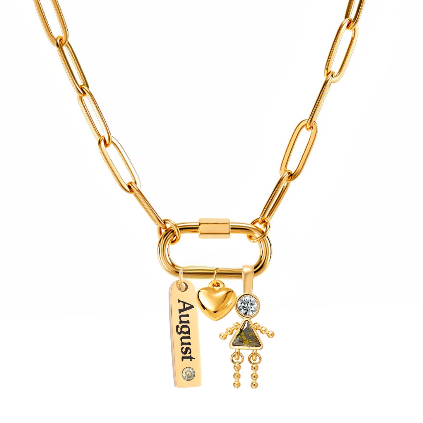 CarabinerFamilyBirthstoneNecklaceforMomorGrandmabyGingerLyneStainlessSteelCZBirthdayCharms_Female-August-Gold-1