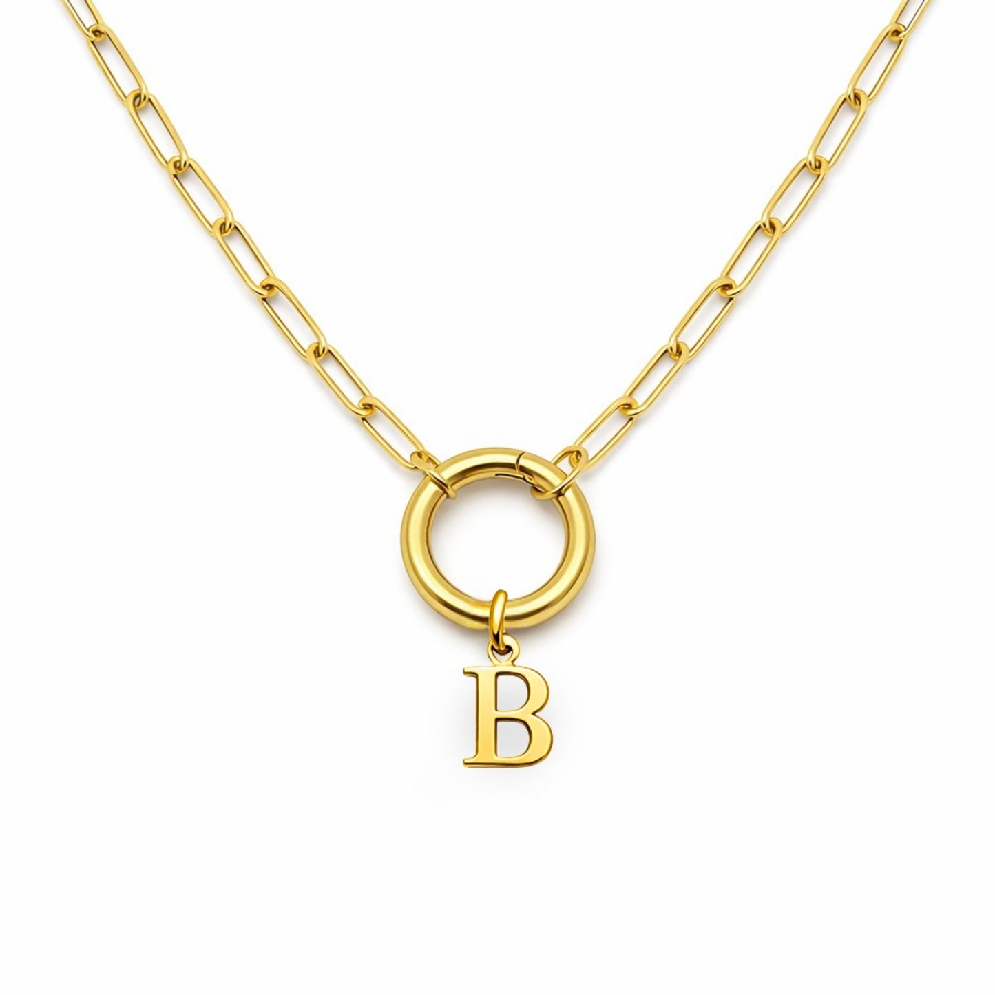 PaperclipLinkCircleCarabinerIntialLetterCharmHolderNecklaceforWomenStainlessSteel20"GingerLyne_Gold-B-1