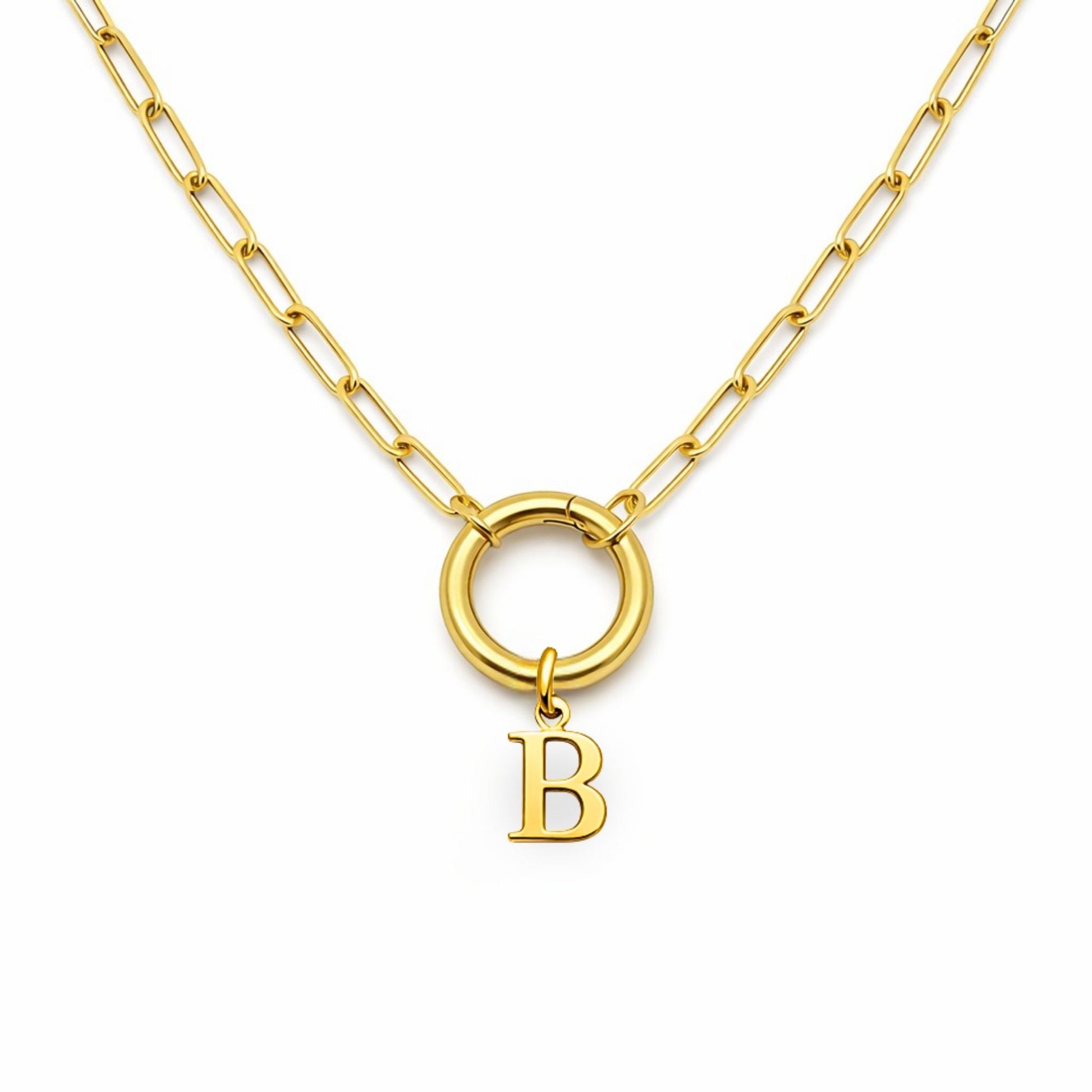 PaperclipLinkCircleCarabinerIntialLetterCharmHolderNecklaceforWomenStainlessSteel20"GingerLyne_Gold-B-1