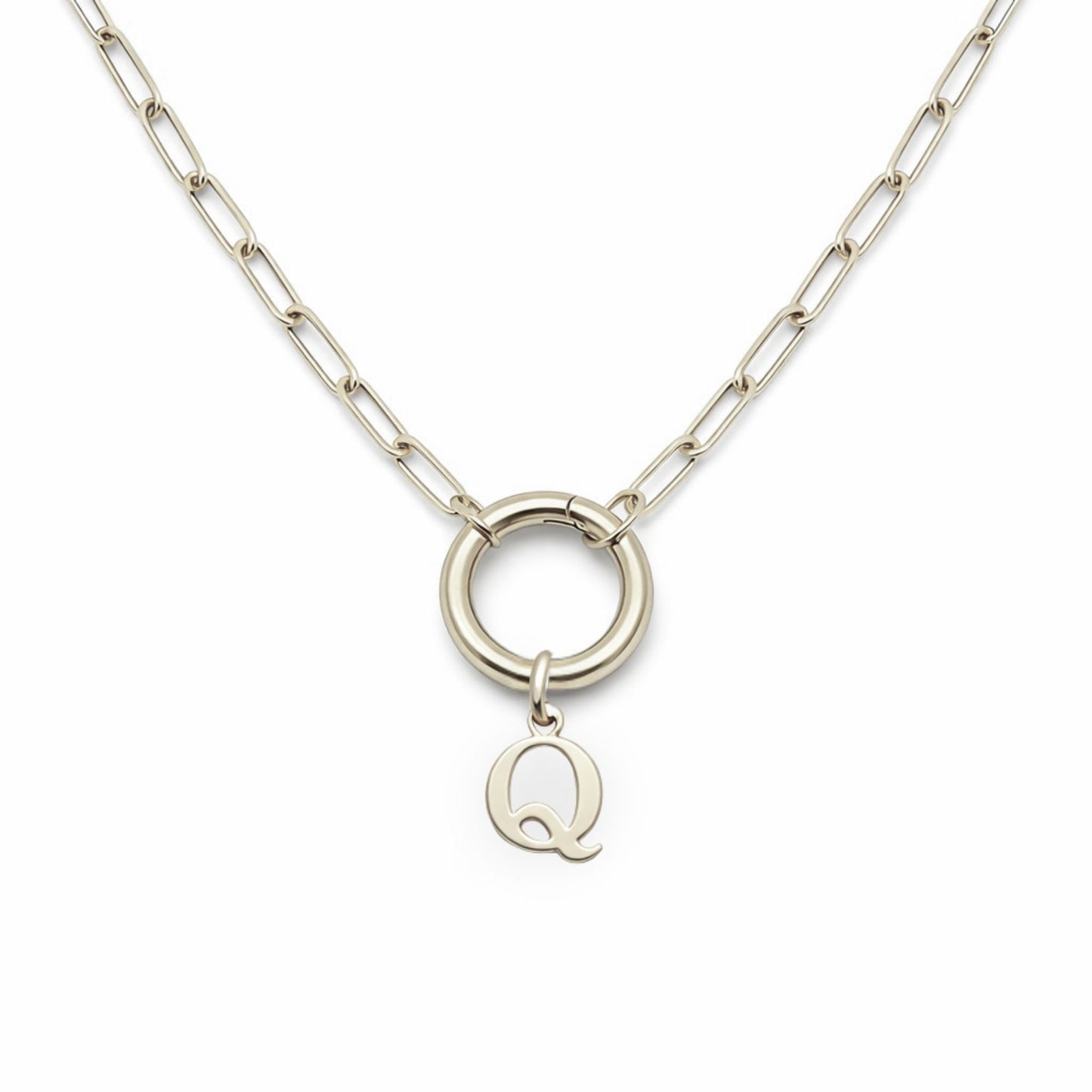 PaperclipLinkCircleCarabinerIntialLetterCharmHolderNecklaceforWomenStainlessSteel20"GingerLyne_Silver-Q-1