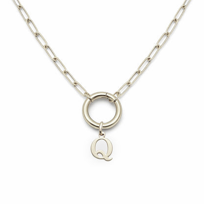 PaperclipLinkCircleCarabinerIntialLetterCharmHolderNecklaceforWomenStainlessSteel20"GingerLyne_Silver-Q-1