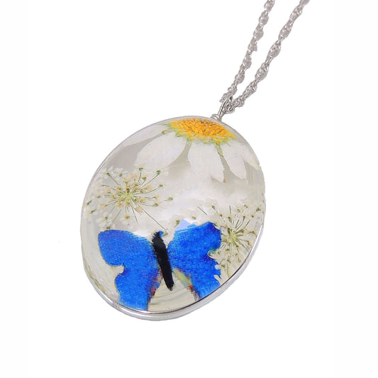 Dried Flower Oval Clear Butterfly Pendant Necklace Women Ginger Lyne Collection