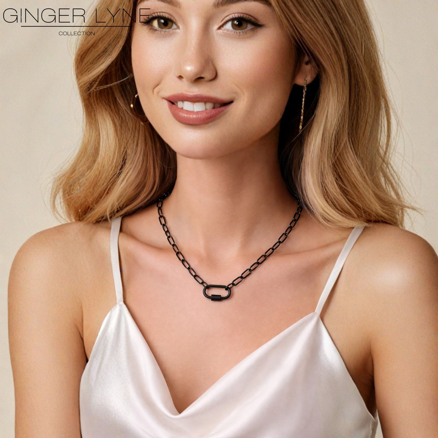 Carabiner Charm Holder Necklace for Women by Ginger Lyne Paperclip Chain Black Stainless Steel 18-20" - Black-PaperclipChain/Rect Sq CH