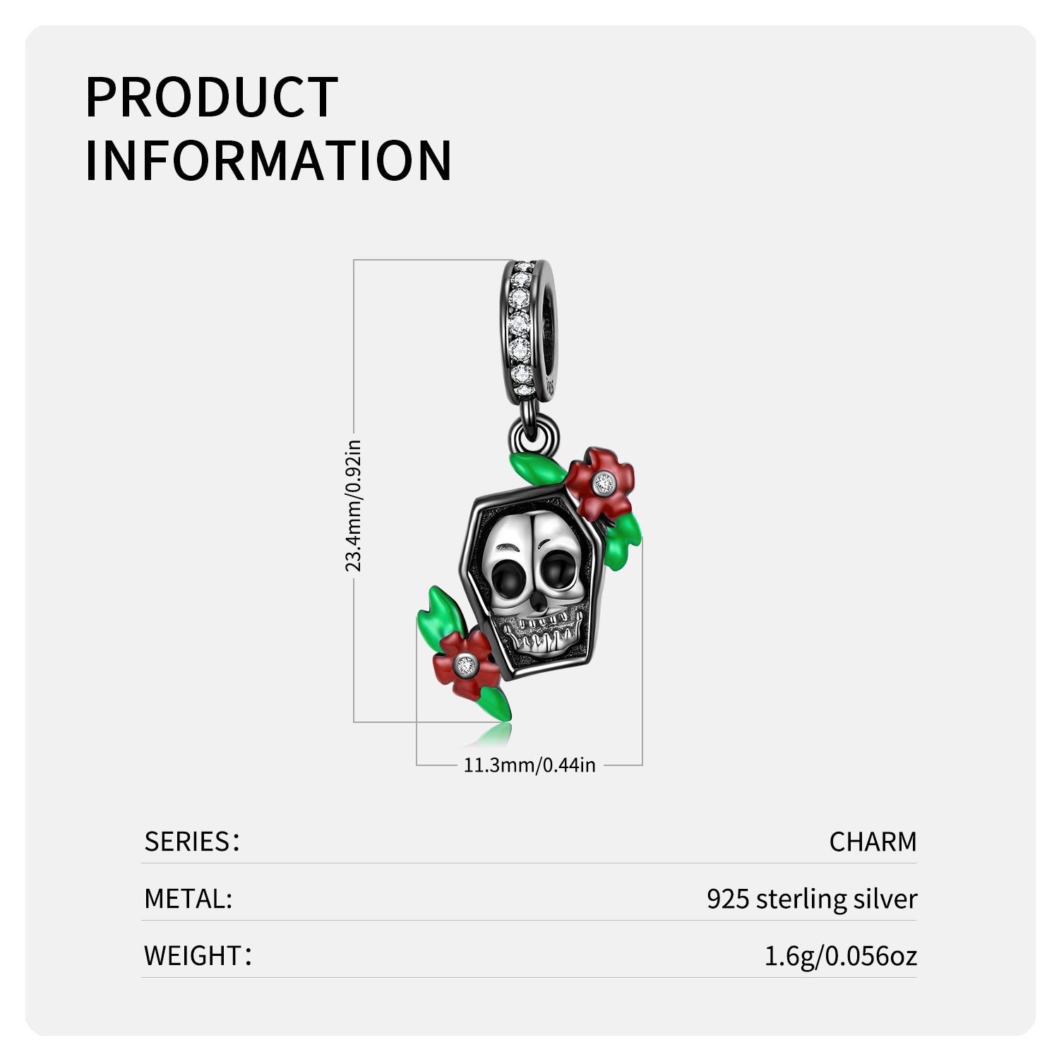 Skull Coffin Charm - Sterling Silver Cubic Zirconia for Bracelet or Necklace Ginger Lyne Collection