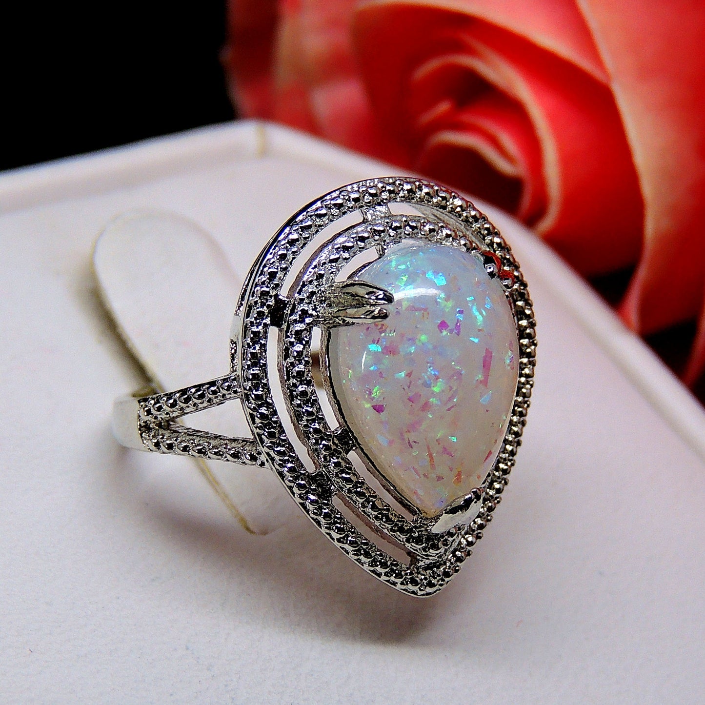 DanniStatementRingTeardropSimulatedFireOpalWomensGingerLyneCollection_Silver-5