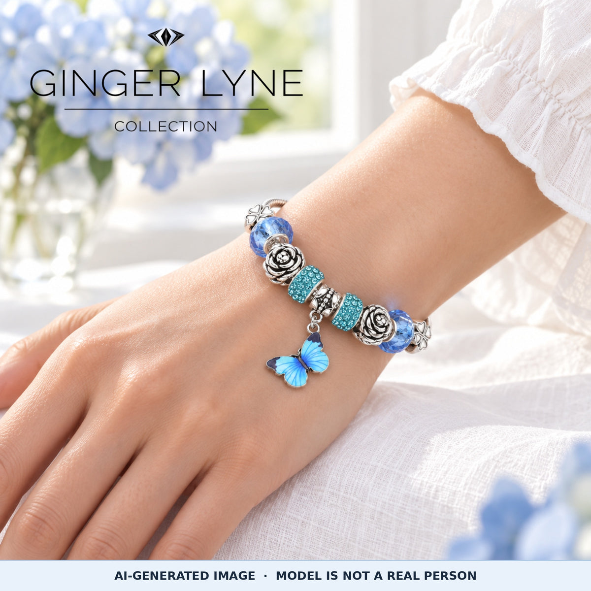 BlueButterflyCharmBraceletforWomenFourLeafCloverSnakeChainbyGingerLyne_Blue-4