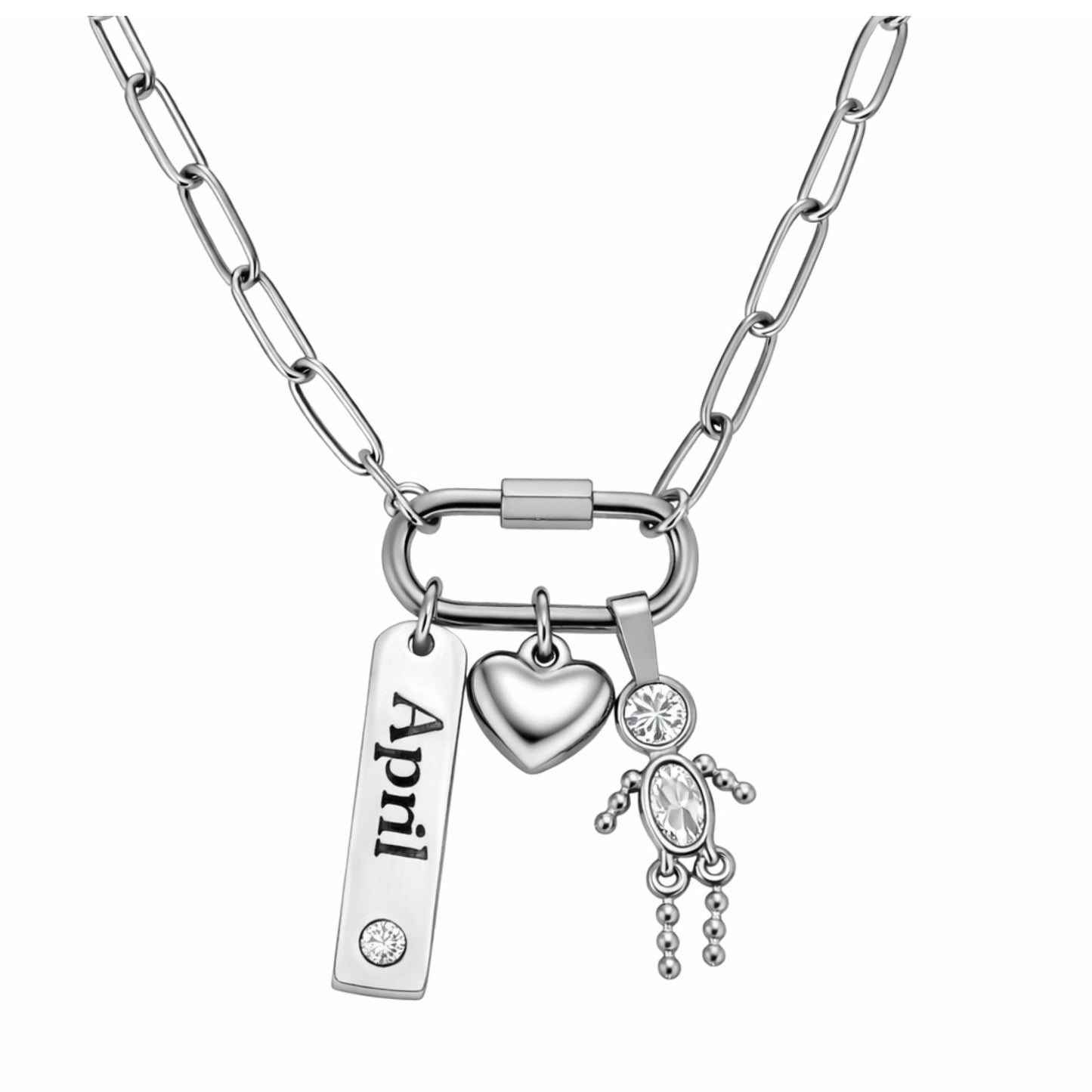CarabinerFamilyBirthstoneNecklaceforMomorGrandmabyGingerLyneStainlessSteelCZBirthdayCharms_Male-April-Silver-1