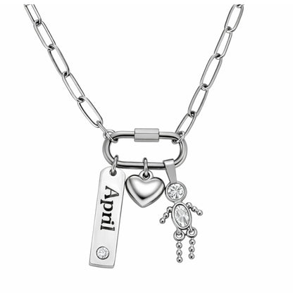 CarabinerFamilyBirthstoneNecklaceforMomorGrandmabyGingerLyneStainlessSteelCZBirthdayCharms_Male-April-Silver-1