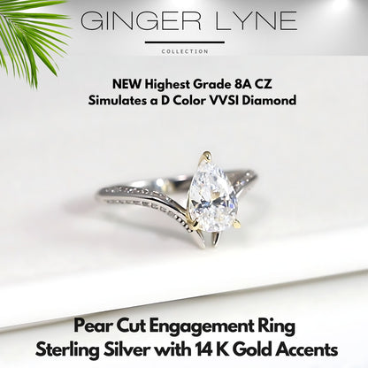 Pear Engagement Ring for Women by Ginger Lyne 1.5 Ct Sterling Silver Gold Wedding Rings