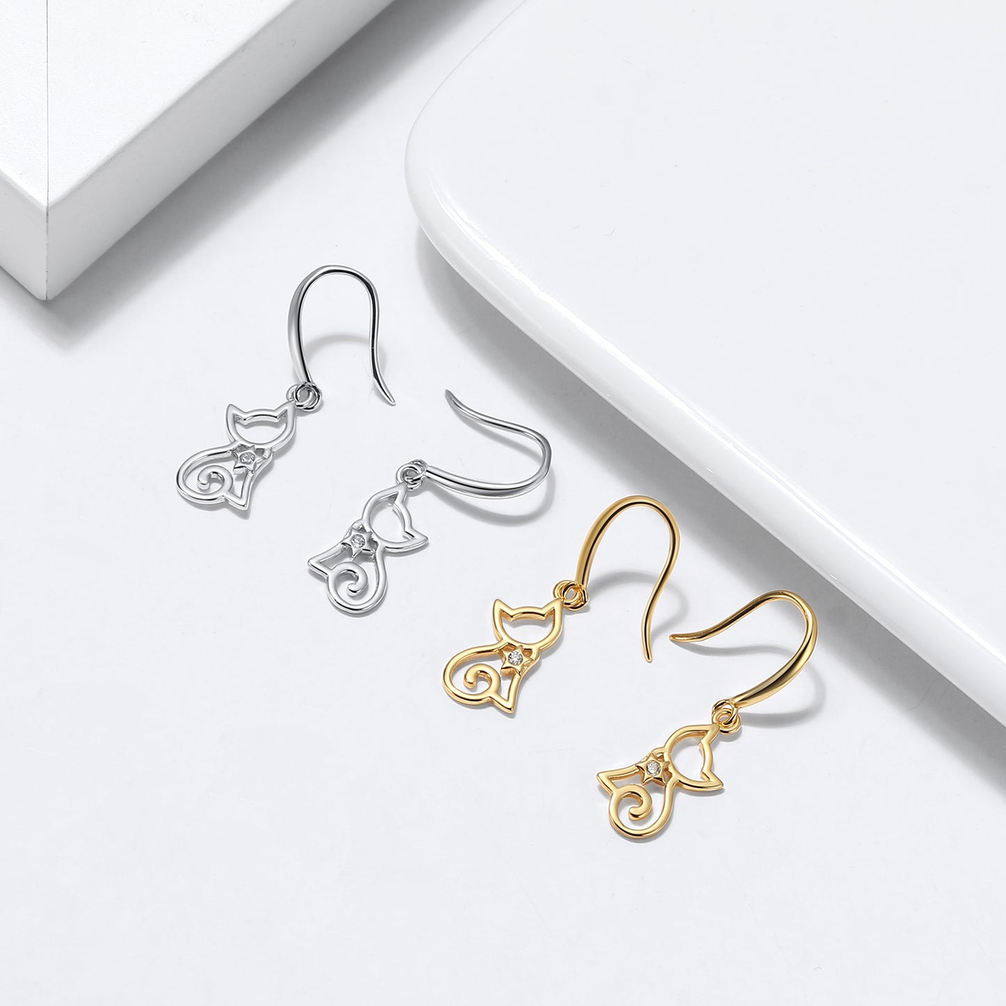 Kitty Cat Hook Dangle Earrings for Women Sterling Silver Ginger Lyne Collection - Silver