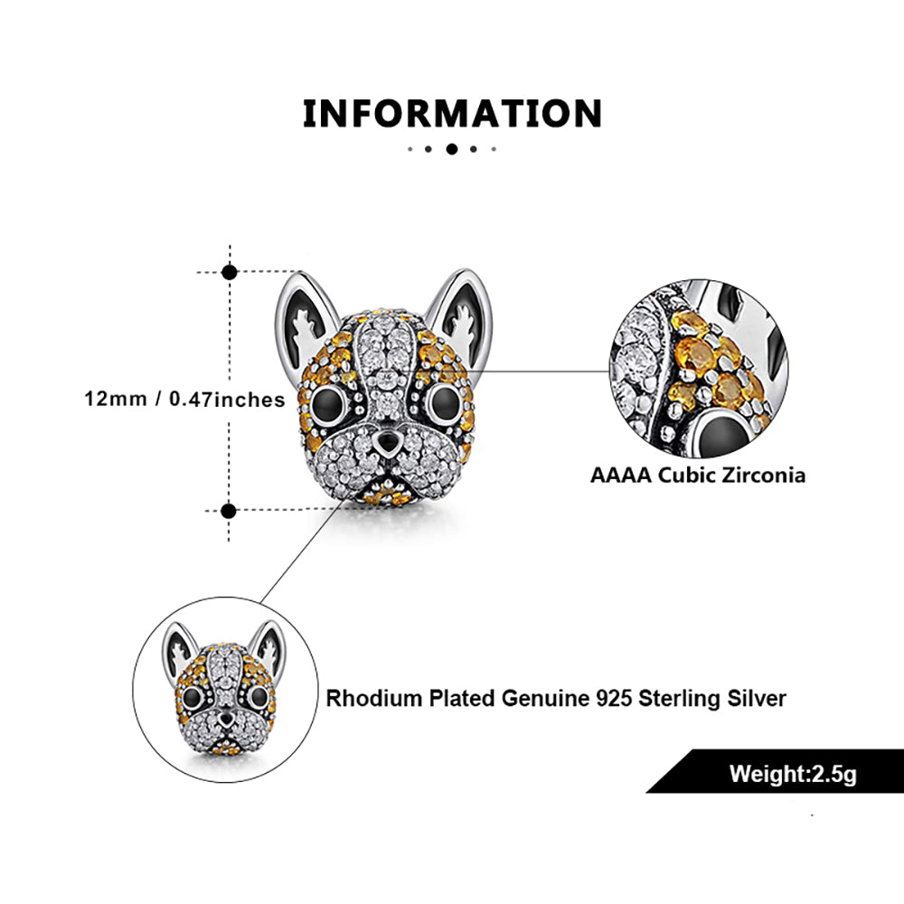 Boston Terrier Frenchie Dog Charm European Bead CZ Sterling Silver Ginger Lyne Collection - Brown
