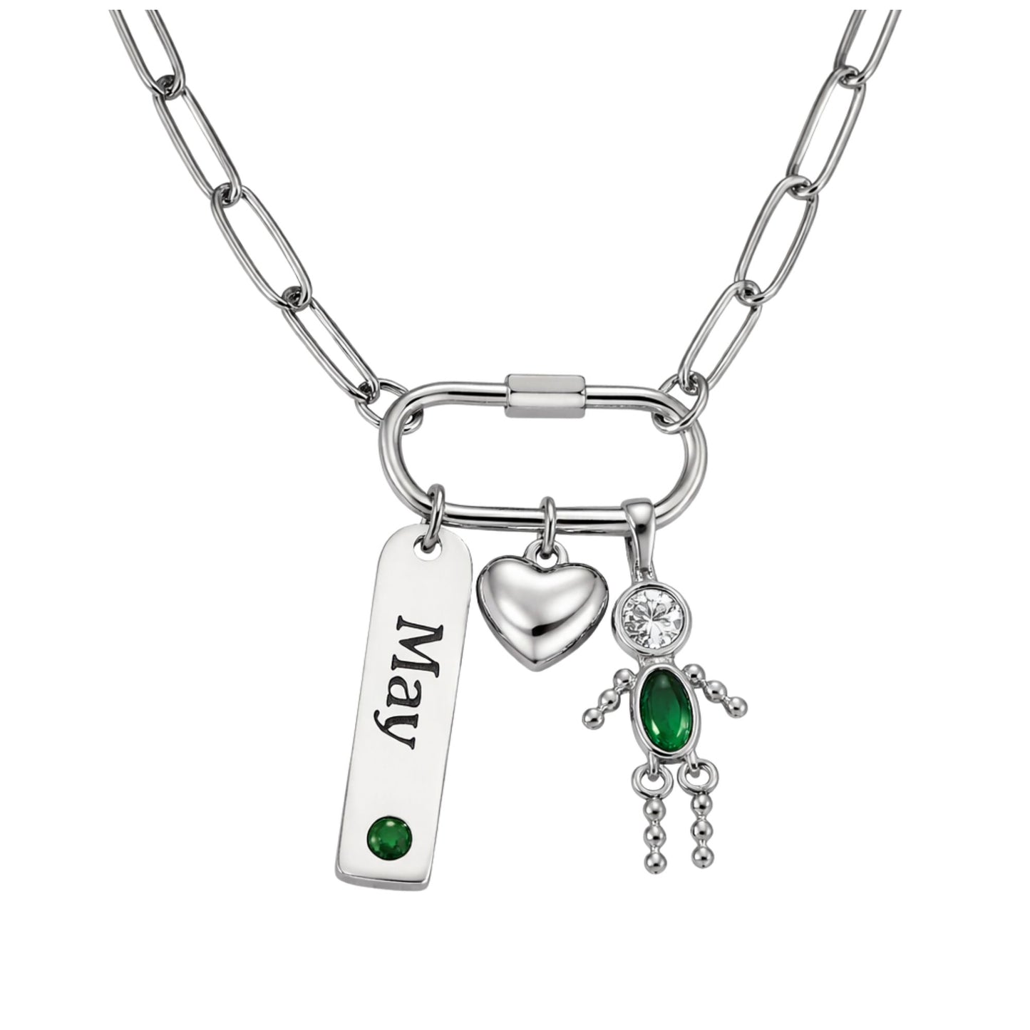 CarabinerFamilyBirthstoneNecklaceforMomorGrandmabyGingerLyneStainlessSteelCZBirthdayCharms_Male-May-Silver-1