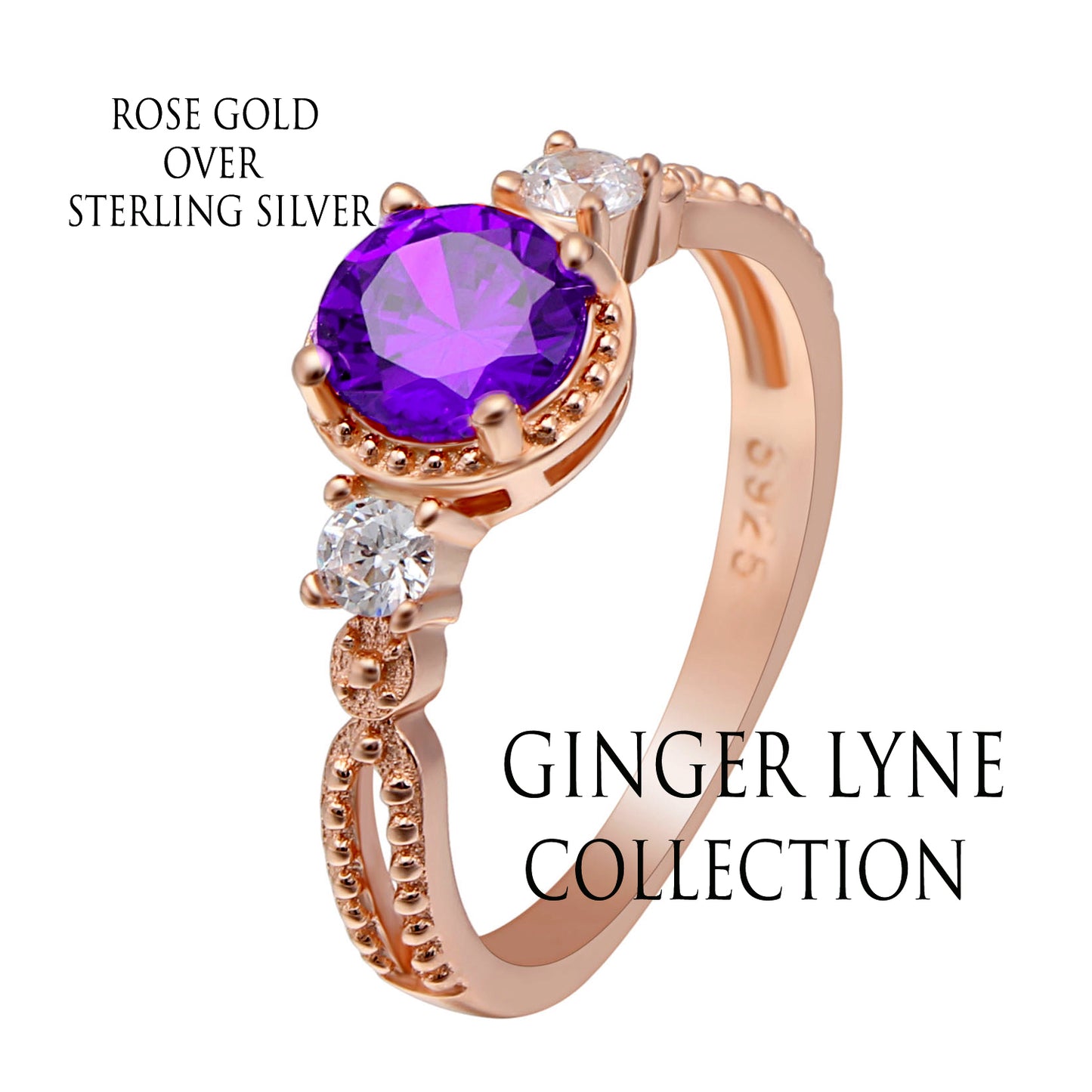 Alexandra Birthstone Ring Rose Gold Sterling Silver Purple CZ Womens Ginger Lyne Collection