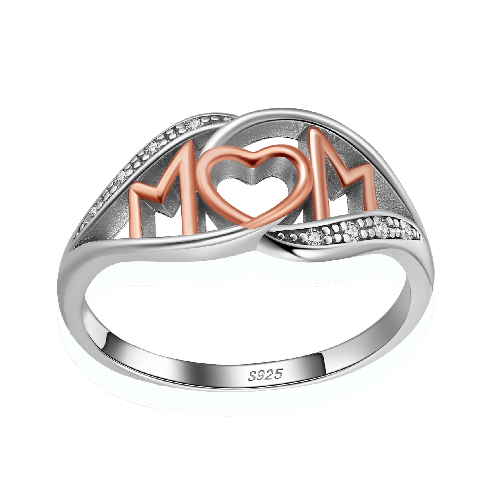 Mom Heart Ring White and Rose Gold Sterling Silver Womens Ginger Lyne Collection - 10