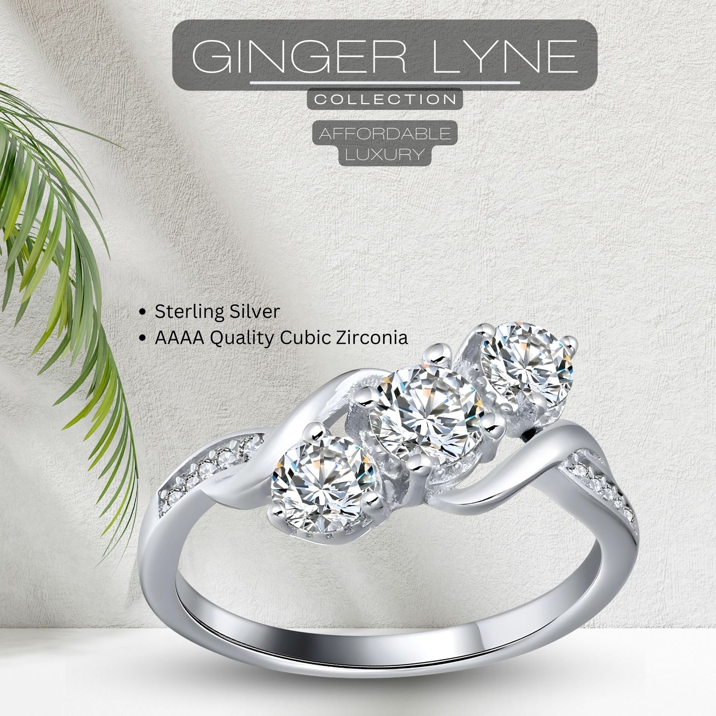 3 Stone Engagement Ring for Women,  Sterling Silver Cubic Zirconia Wedding  Ring for Her Ginger Lyne Collection