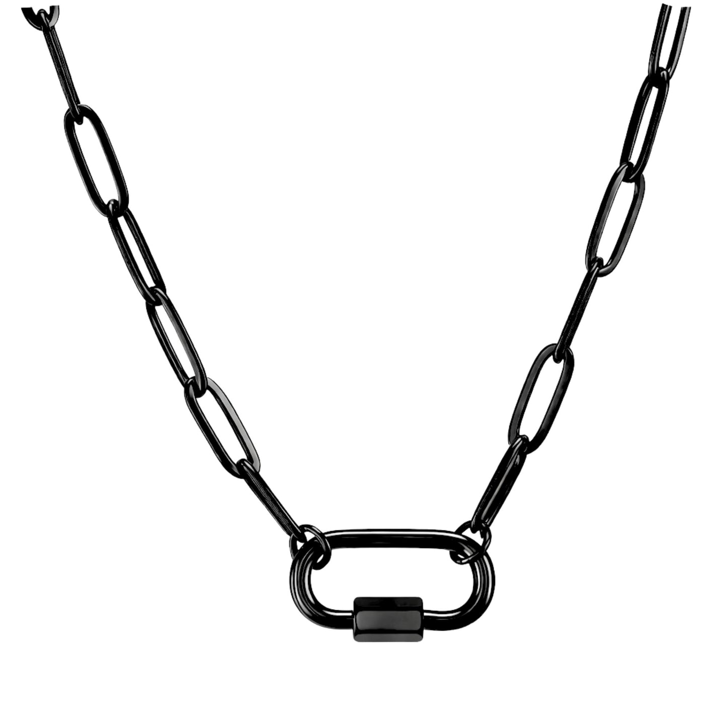 CarabinerCharmHolderNecklaceforWomenbyGingerLynePaperclipChainBlackStainlessSteel18-20"_Black-PaperclipChain/RectSqCH-1