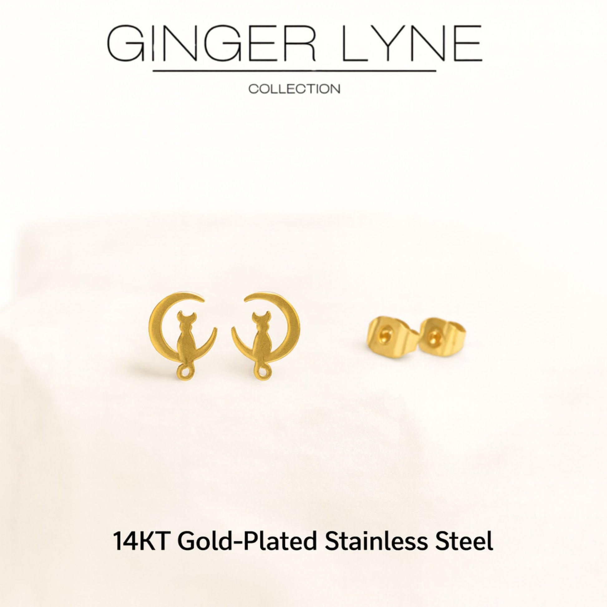 Ginger Lyne Cat Moon Earrings for Women Stainless Steel Kitty Studs Pet Jewelry Gifts for Her - Gold Tone