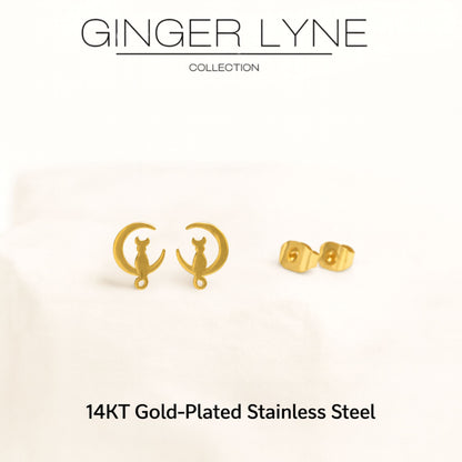 Ginger Lyne Cat Moon Earrings for Women Stainless Steel Kitty Studs Pet Jewelry Gifts for Her - Gold Tone