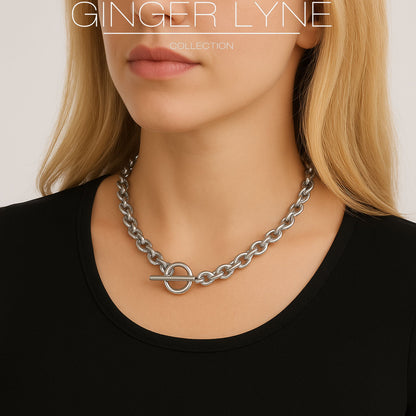 Oval Link Toggle Necklace for Women Heavy Weight 14KT Gold Plated Stainless Steel 18"Ginger Lyne Collection - Silver-Tone