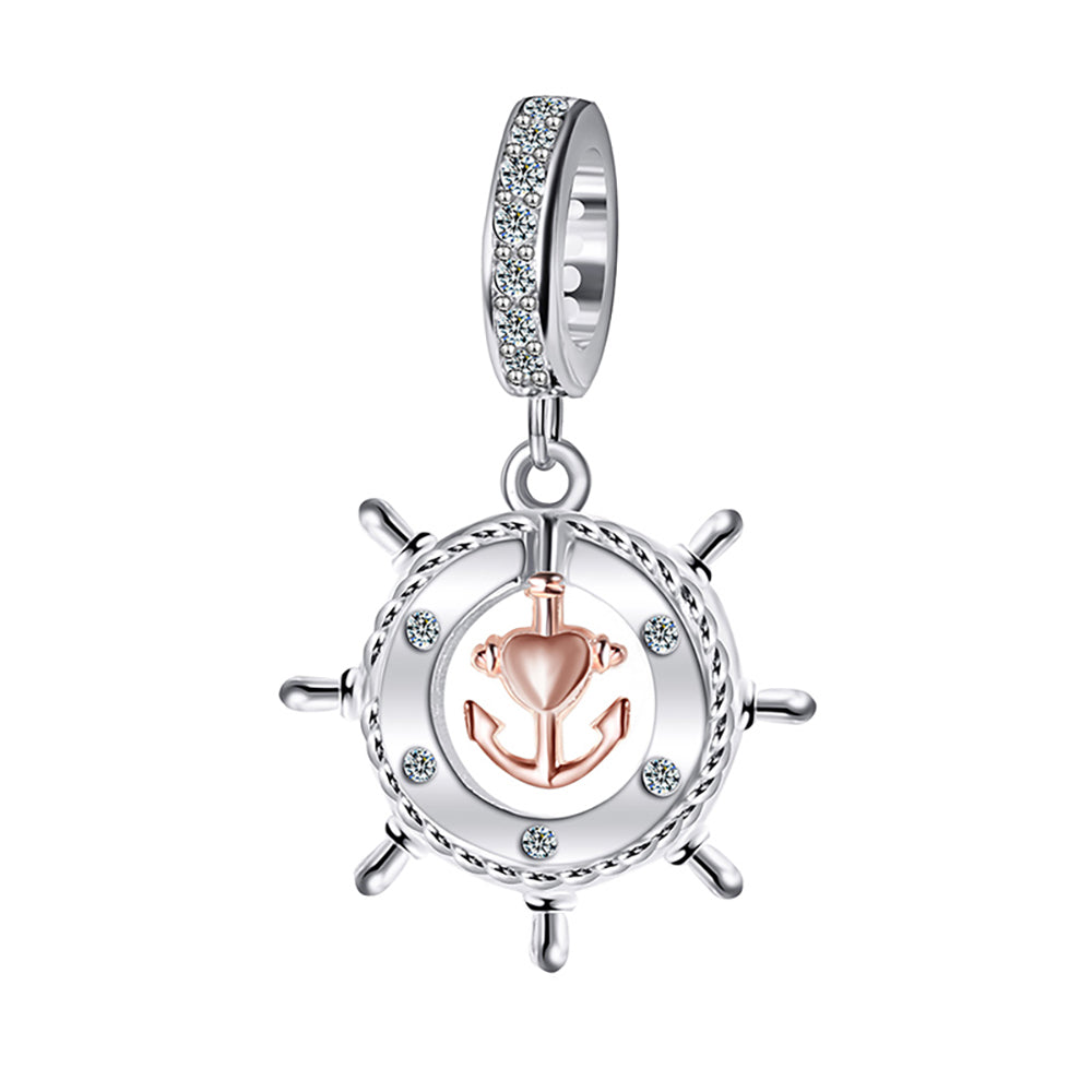 Nautical Ships Wheel Charm European Bead CZ Sterling Silver Ginger Lyne Collection