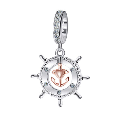 Nautical Ships Wheel Charm European Bead CZ Sterling Silver Ginger Lyne Collection