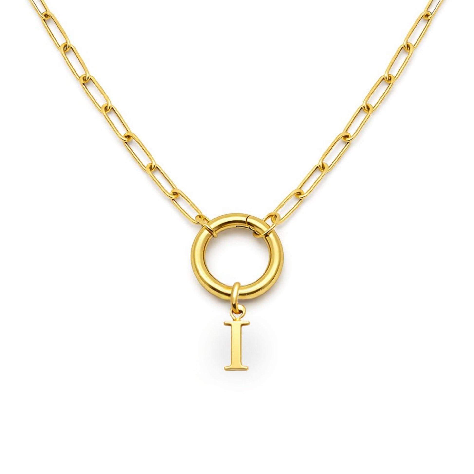 PaperclipLinkCircleCarabinerIntialLetterCharmHolderNecklaceforWomenStainlessSteel20"GingerLyne_Gold-i-1