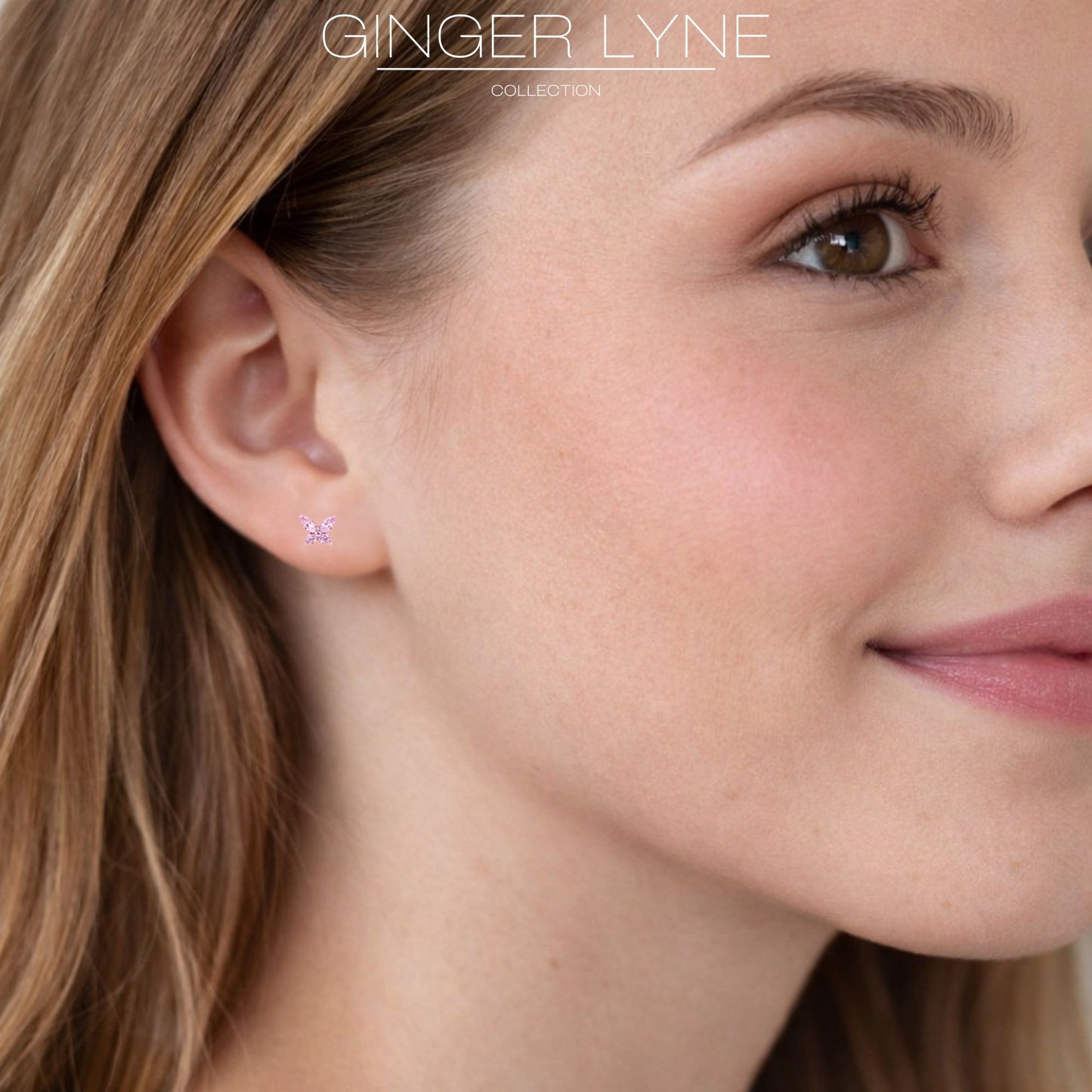 Small Butterfly CZ Solitaire Flat Back Stud Earrings Titanium Body Piercings by Ginger Lyne 2 Sets Post 6mm 8mm - Pink
