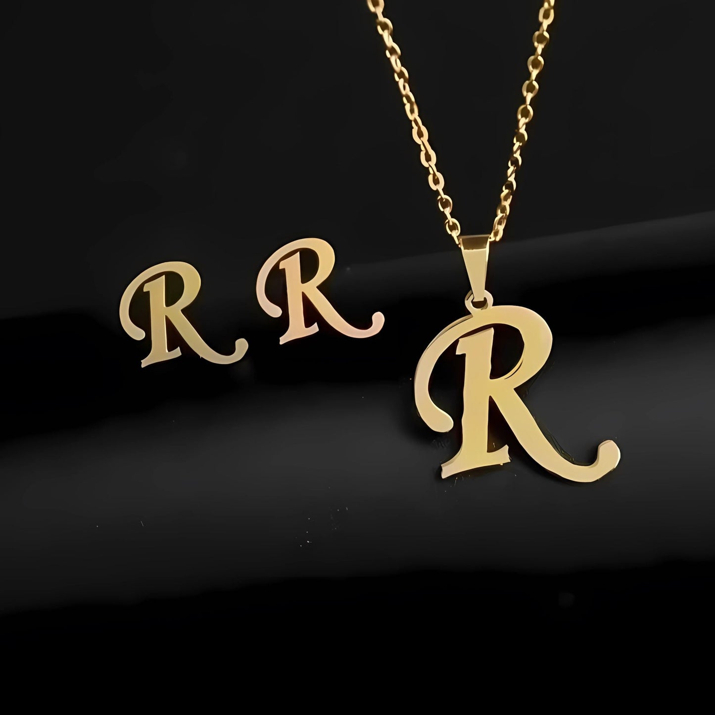 Initial Letter Pendant Necklace Earrings Set for Women Gold Plated Stainless Steel by Ginger Lyne - R
