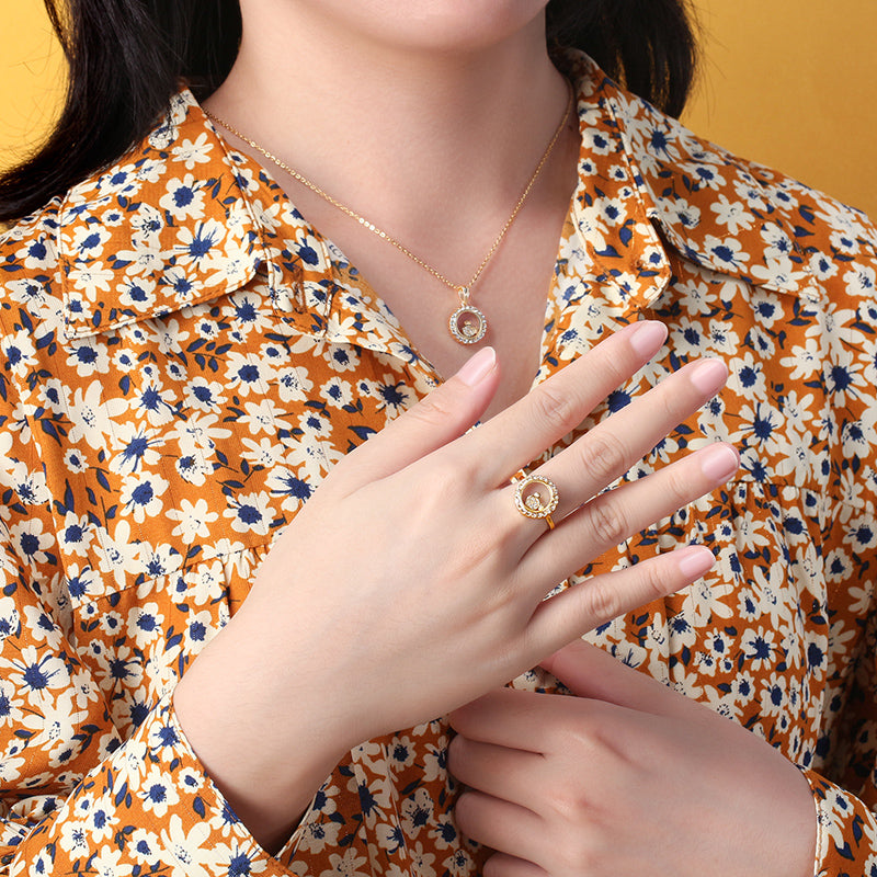 Floating CZ Bear Necklace Earrings Ring Set for Women Gold Plated Sterling Silver Ginger Lyne - Set