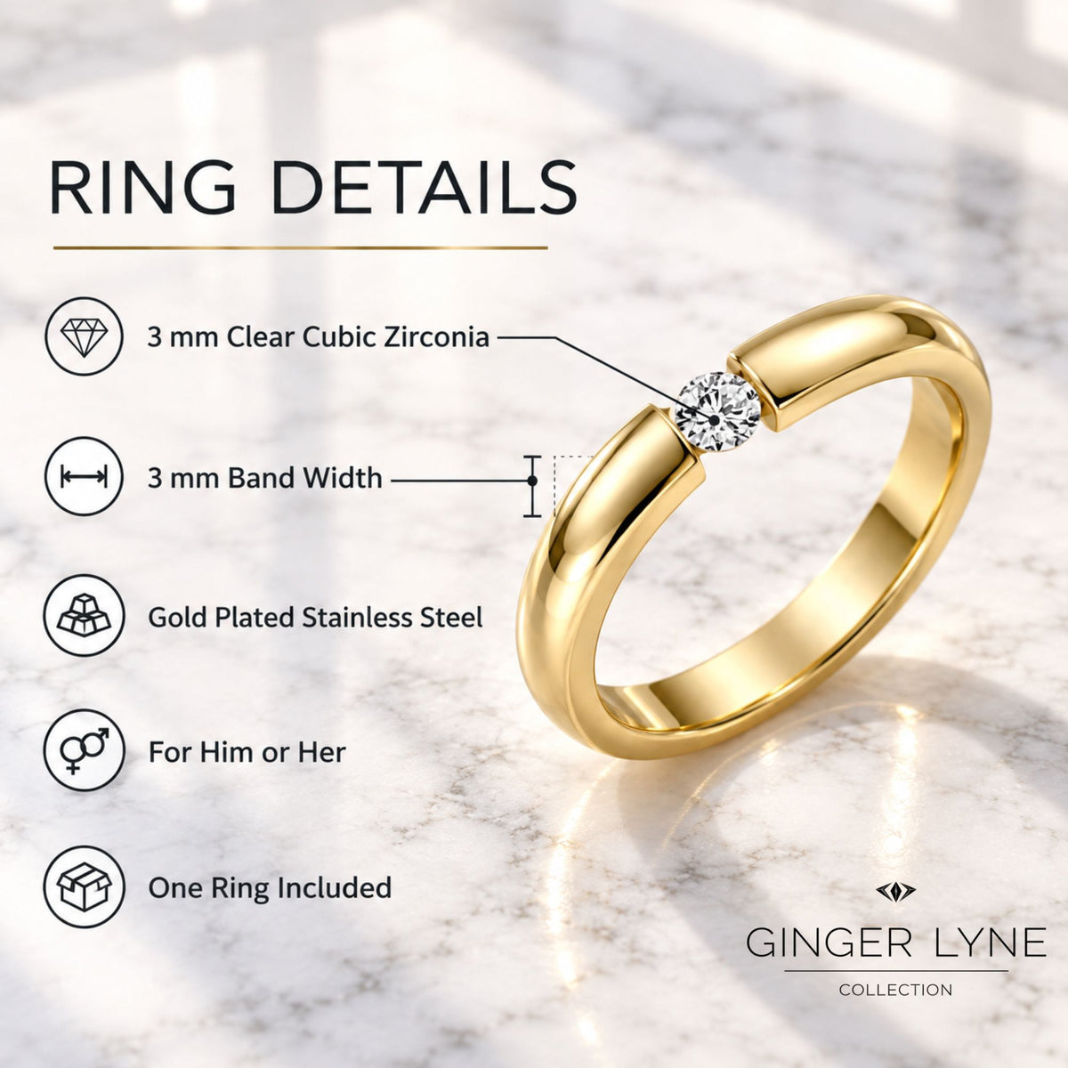 GoldToneWeddingBandRingforWomenorMen3mmStainlessSteelCZGingerLyneSize10_Gold-2